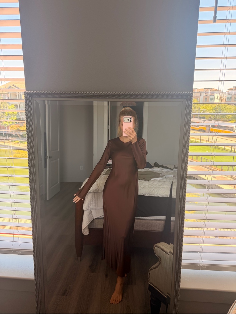 Mango Chocolate Brown Long-Sleeve Midi Dress